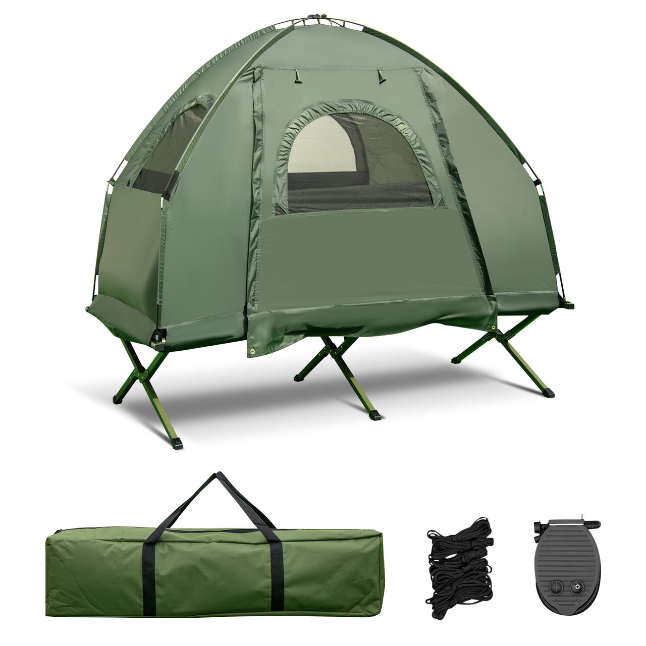 Green Blue 5-in-1 Camping Tent Combo Elevated Air Mattress Pillow Sleeping Bag